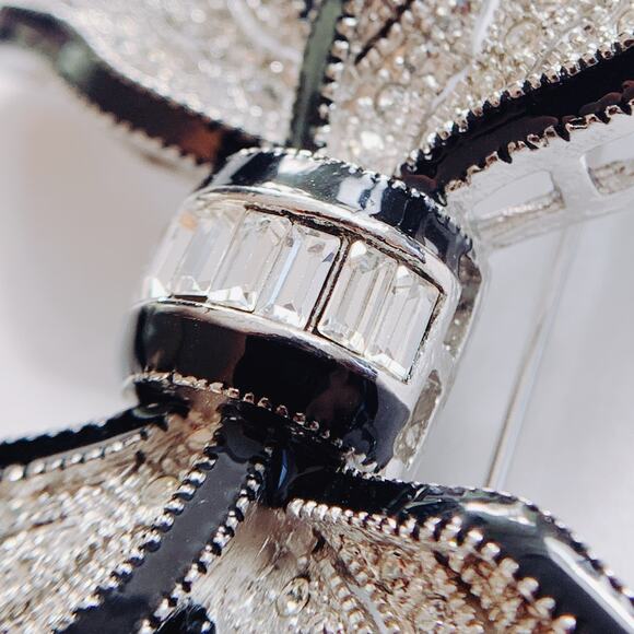 Signed Graziano Silver Tone Black Enamel Rhinestone Bow Brooch Vintage Designer - Picture 12 of 14